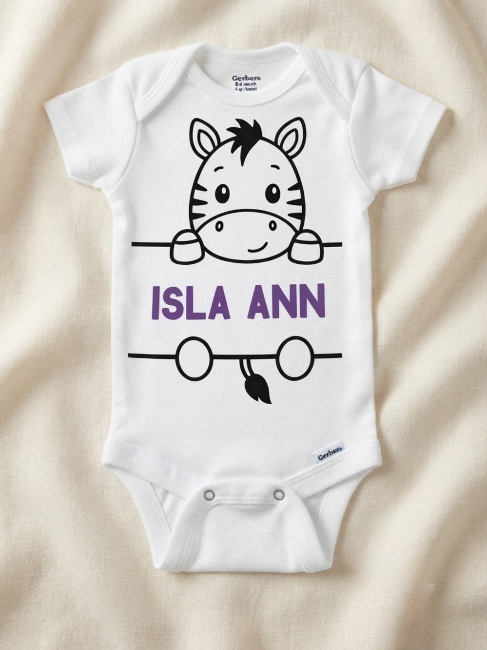 Gerber White Onesie with Black Zebra and Purple Name